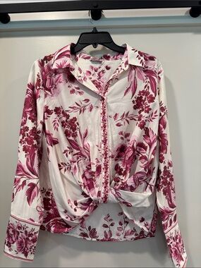 Women's Floral Twist-Front Button Down Shirt - Pink on White